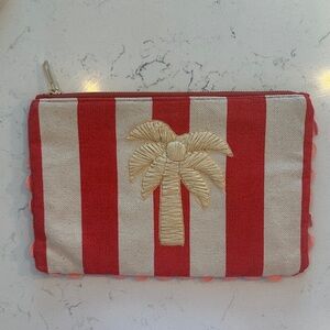 LOFT Red & Cream Striped Palm Tree Zip Pouch CLUTCH